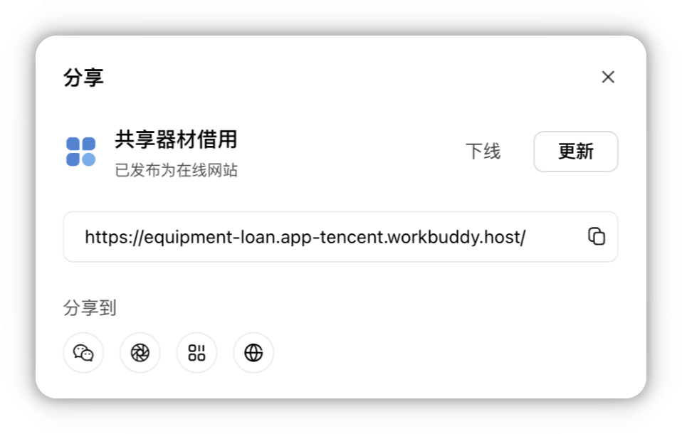 已发布应用的分享面板，支持更新和下线