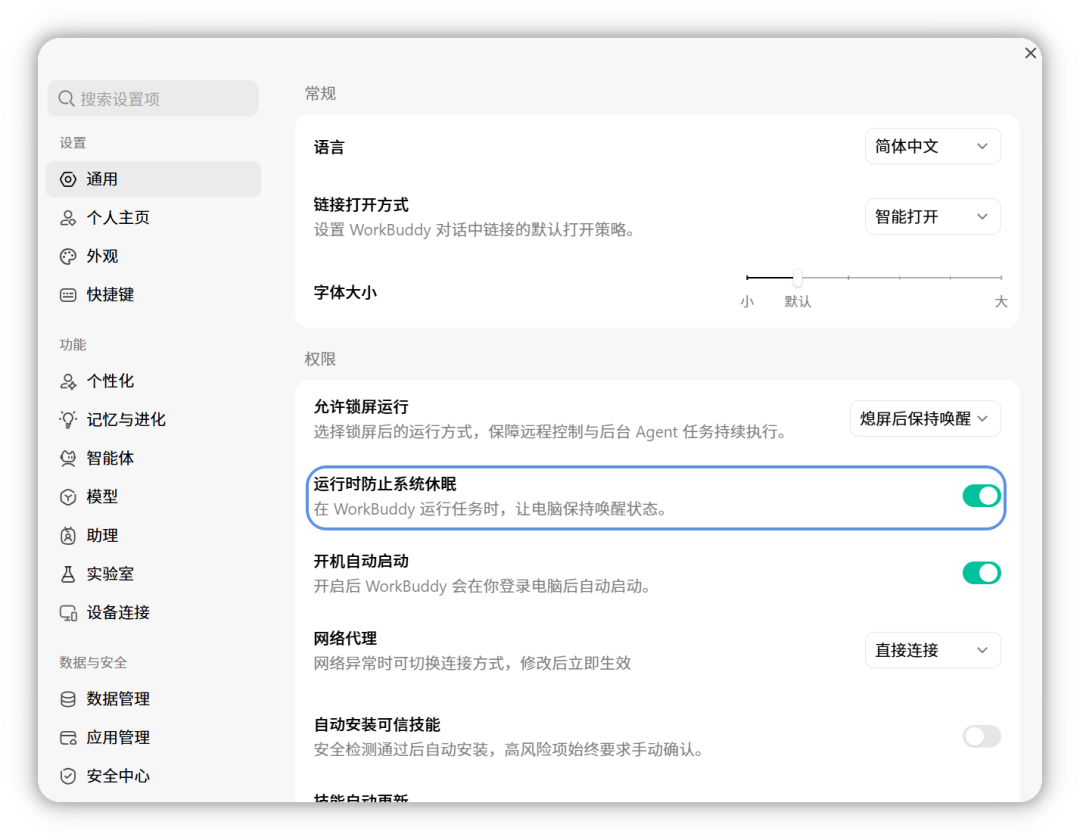 设置 → 通用 → 权限 中的「运行时防止系统休眠」开关